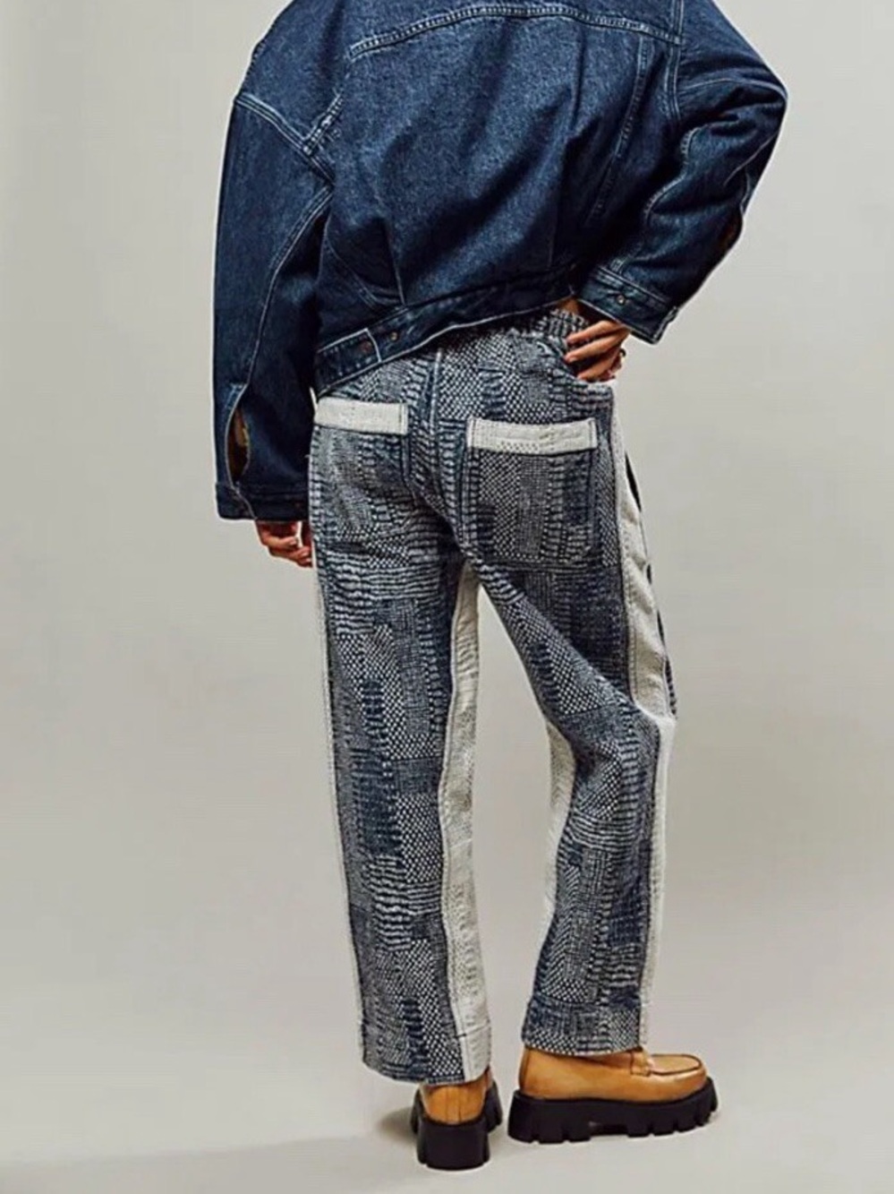 We The Free Blue Patchwork Wide-Leg Pants with White Side Stripe - Picture 2 of 7